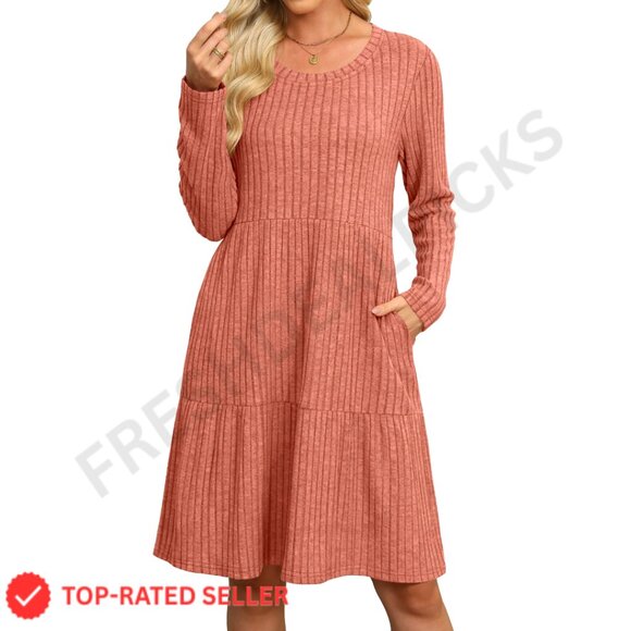Dresses & Skirts - Long Sleeve Sweater Dress with Pockets, Ribbed Knit, Empire Waist